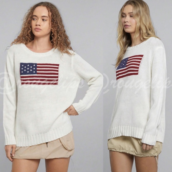American Flag Knit Off White Pullover Sweater Crew Neck Long Sleeve - Picture 9 of 16